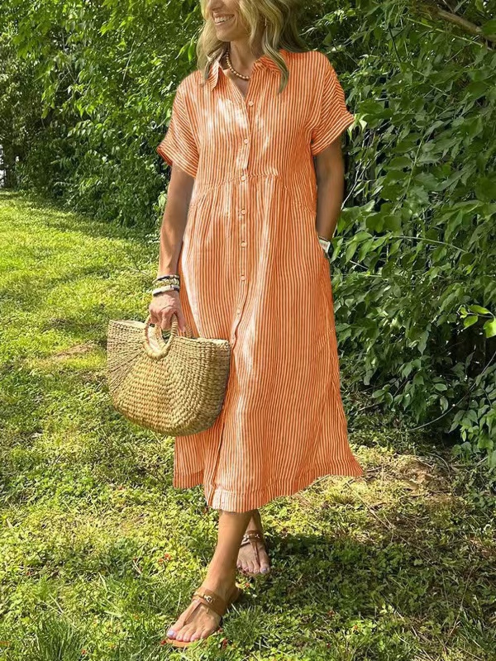 Women's Orange Striped Collared Short-Sleeve Relaxed Maxi Shirt Dress